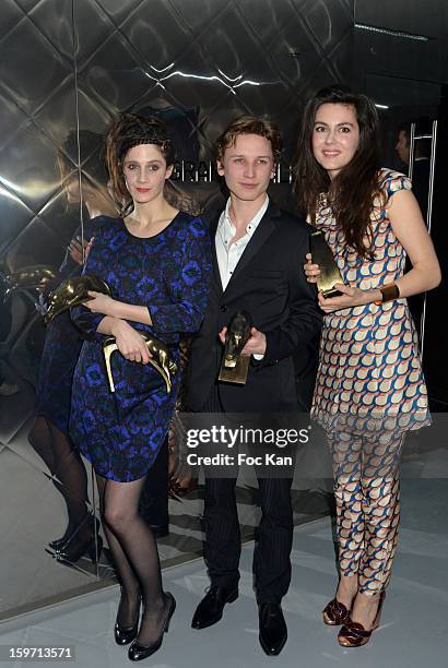 Judith Chemla, Ernst Umhauer and Julia Faure receive the ' Best Espoir' award during 'Les Lumieres 2013' Cinema Awards 18th Ceremony at La Gaite...