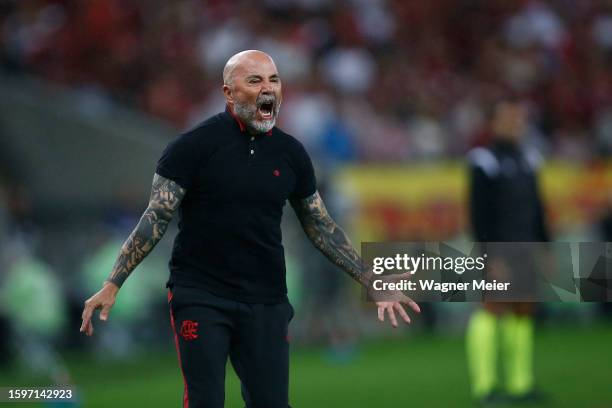 Jorge Sampaoli coach of Flamengo reacts during the match between Flamengo and Sao Paulo as part of Brasileirao 2023 at Maracana Stadium on August 13,...