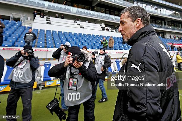 Marco Kurz, head coach of Hoffenheim looks on priot to the Bundesliga match between TSG 1899 Hoffenheim and VfL Borussia Moenchengladbach at...