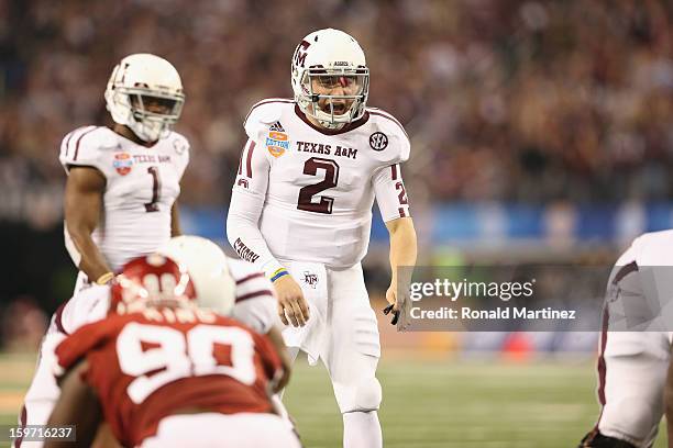 Johnny Manziel of the Texas A&M Aggies during the Cotton Bowl at Cowboys Stadium on January 4, 2013 in Arlington, Texas.