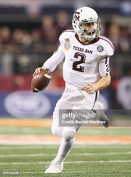 Johnny Manziel of the Texas A&M Aggies during the Cotton Bowl at Cowboys Stadium on January 4, 2013 in Arlington, Texas.