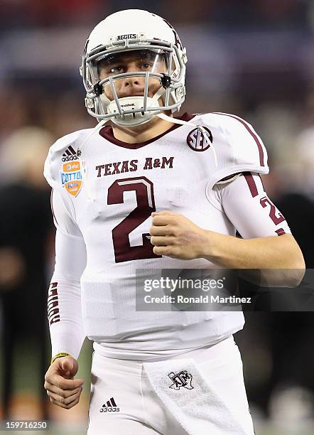 Johnny Manziel of the Texas A&M Aggies during the Cotton Bowl at Cowboys Stadium on January 4, 2013 in Arlington, Texas.