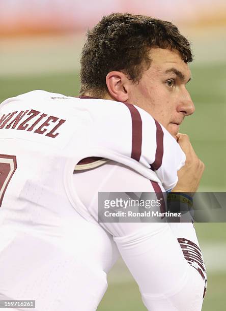 Johnny Manziel of the Texas A&M Aggies during the Cotton Bowl at Cowboys Stadium on January 4, 2013 in Arlington, Texas.