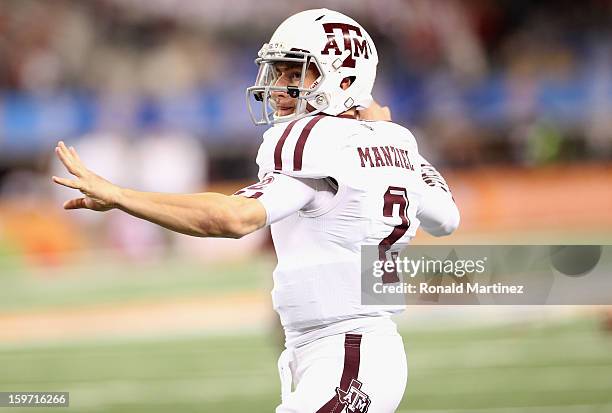 Johnny Manziel of the Texas A&M Aggies during the Cotton Bowl at Cowboys Stadium on January 4, 2013 in Arlington, Texas.