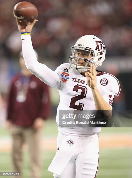 Johnny Manziel of the Texas A&M Aggies during the Cotton Bowl at Cowboys Stadium on January 4, 2013 in Arlington, Texas.