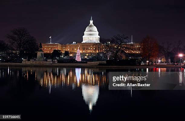 us capitol building and reflecting pool - us capitol christmas tree stock pictures, royalty-free photos & images