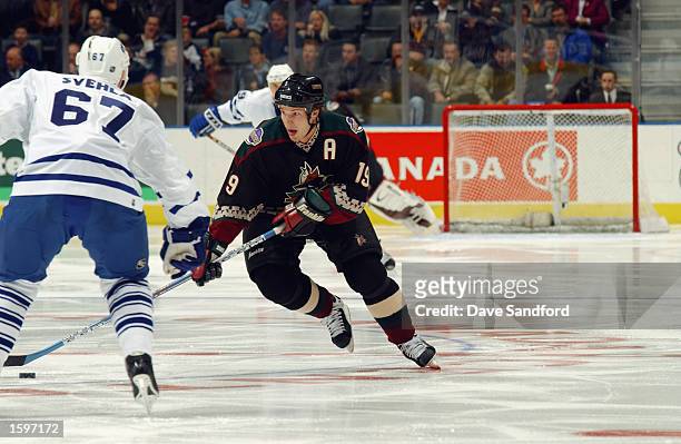 Right wing Shane Doan of the Phoenix Coyotes drives to the net with the puck while being defended by Robert Svehla of the Toronto Maple Leafs during...