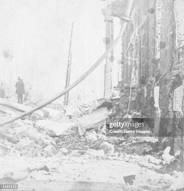 View of rubble and wreckage in Washington Street, East of LaSalle Street, following the great Chicago fire of 1871, Chicago, Illinois, 1871.