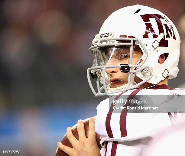 Johnny Manziel of the Texas A&M Aggies during the Cotton Bowl at Cowboys Stadium on January 4, 2013 in Arlington, Texas.