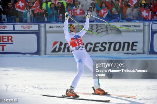 Christof Innerhofer of Italy takes 1st place during the Audi FIS Alpine Ski World Cup Men's Downhill on January 19, 2013 in Wengen, Switzerland.