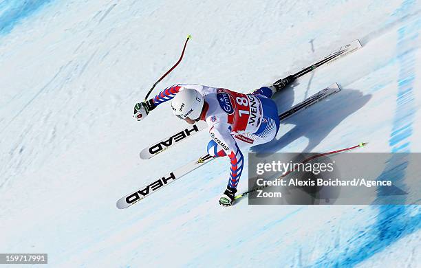 Johan Clarey of France competes during the Audi FIS Alpine Ski World Cup Men's Downhill on January 19, 2013 in Wengen, Switzerland.