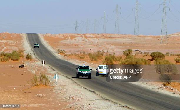 Algerian security forces patrol an area in In Amenas deep in the Sahara near the Libyan border on January 19, 2013. Islamist gunmen killed seven...