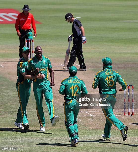 Lonwabo Tsotsobe of South Africa celebrates a wicket during the 1st One Day International match between South Africa and New Zealand at Boland Park...