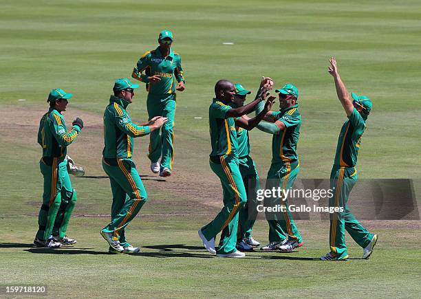 Lonwabo Tsotsobe of South Africa celebrates a wicket during the 1st One Day International match between South Africa and New Zealand at Boland Park...