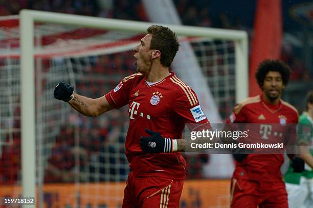 Mario Mandzukic of Bayern celebrates after scoring a goal during the Bundesliga match between FC Bayern Muenchen and SpVgg Greuther Fuerth at Allianz...