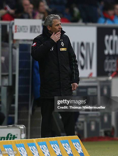 Lucien Favre, head coach of Moenchengladbach look on during the Bundesliga match between TSG 1899 Hoffenheim and VfL Borussia Moenchengladbach at...