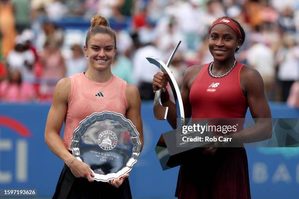 Maria Sakkari of Greece and Coco Gauff of the United States pose with their trophies after Gauff wonvduring the women’s singles final on Day 9 of the...