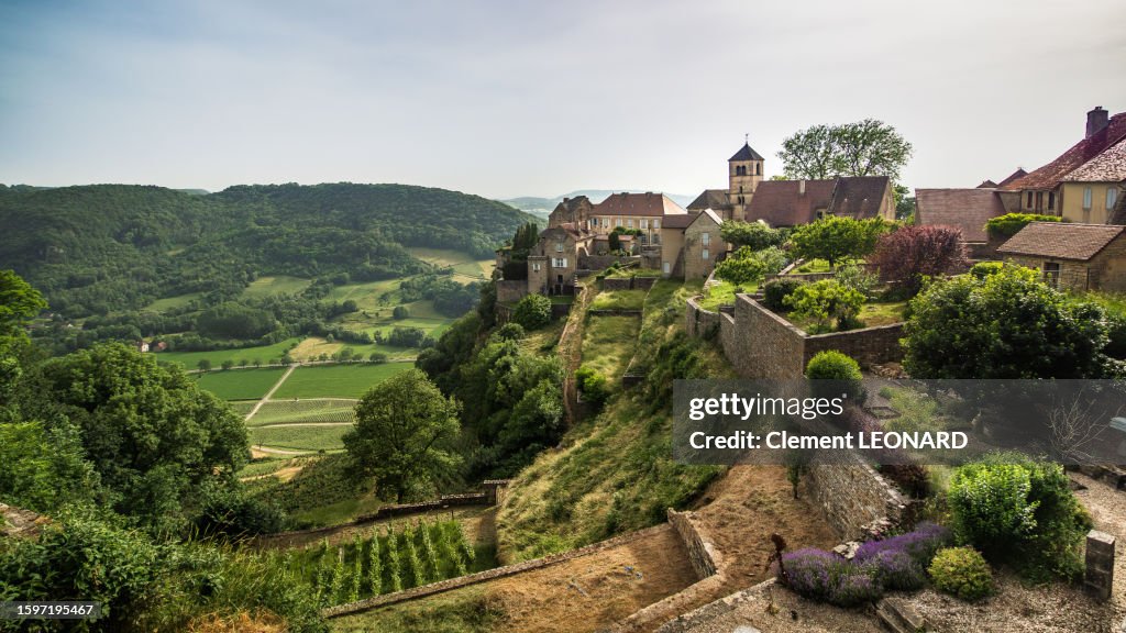 Landscape of the medevial old town of Château-Châlon (Chateau Chalon) with the remains of the ancient castle walls, the church, stone houses and vines in the foreground. Jura, Franche Comte (Franche-Comté), Eastern France.