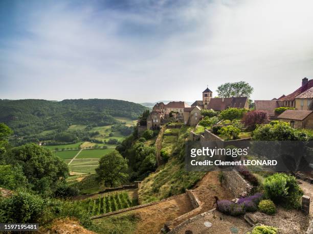 landscape of the medievial old town of château-châlon (chateau chalon) with the remains of the ancient castle walls, the church, stone houses and vines in the foreground. jura, franche comte (franche-comté), eastern france. - travel photos et images de collection
