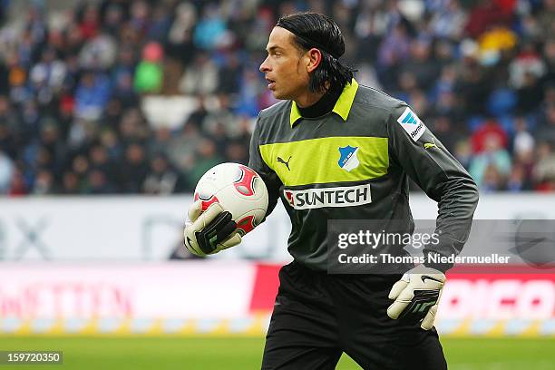 Tim Wiese of Hoffenheim in action with the ball during the Bundesliga match between TSG 1899 Hoffenheim and VfL Borussia Moenchengladbach at...