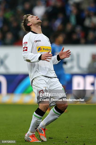 Thorben Marx of Moenchengladbach reacts during the Bundesliga match between TSG 1899 Hoffenheim and VfL Borussia Moenchengladbach at...