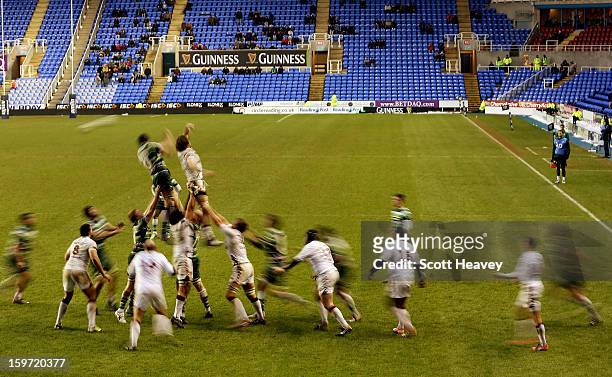 General view of a lineout during the Amlin Challenge Cup match between London Irish and Bordeaux Begles at Madejski Stadium on January 19, 2013 in...