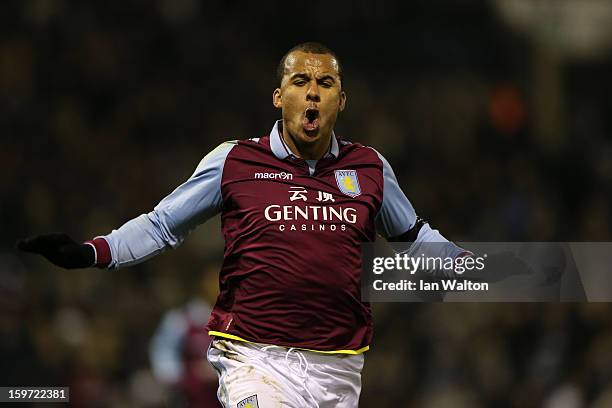 Gabriel Agbonlahor of Aston Villa celebrates scoring their second goal during the Barclays Premier League match between West Bromwich Albion and...