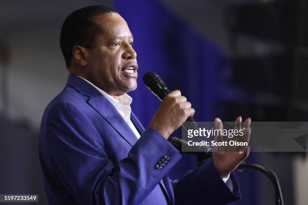 Republican presidential candidate conservative radio talk show host Larry Elder speaks to guests at Ashley's BBQ Bash hosted by Congresswoman Ashley...