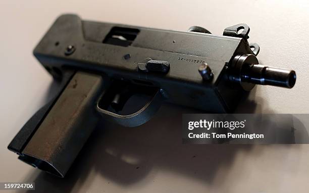 Detail view of a MAC-9 semi-automatic pistol at a gun buy back program at the First Presbyterian Church of Dallas on January 19, 2013 in Dallas,...