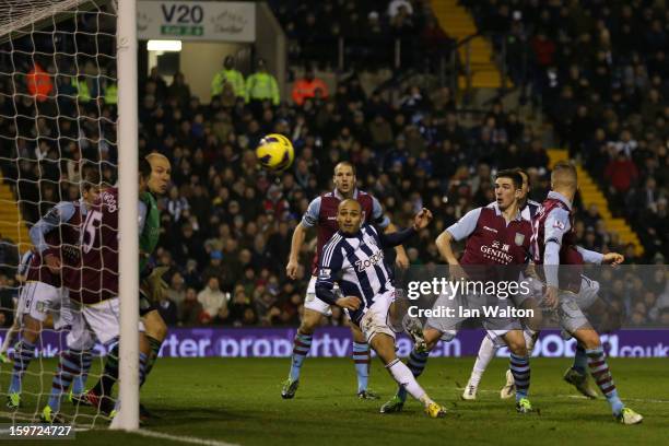 Peter Odemwingie of West Bromwich Albion scores their second goal during the Barclays Premier League match between West Bromwich Albion and Aston...