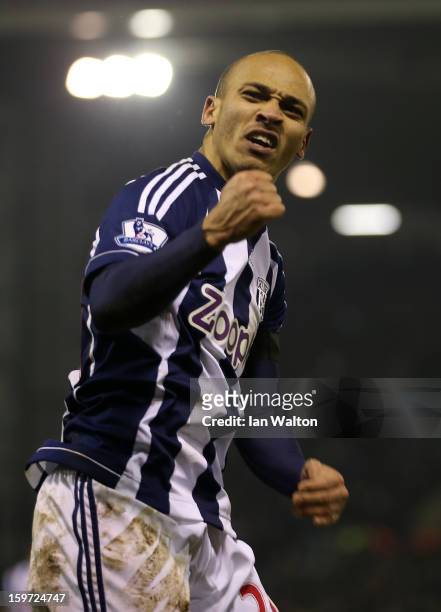 Peter Odemwingie of West Bromwich Albion celebrates scoring their second goal during the Barclays Premier League match between West Bromwich Albion...