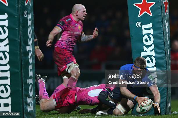 Jamie Heaslip of Leinster scores his sides fourth try during the Heineken Cup Pool Five match between Exeter Chiefs and Leinster at Sandy Park on...