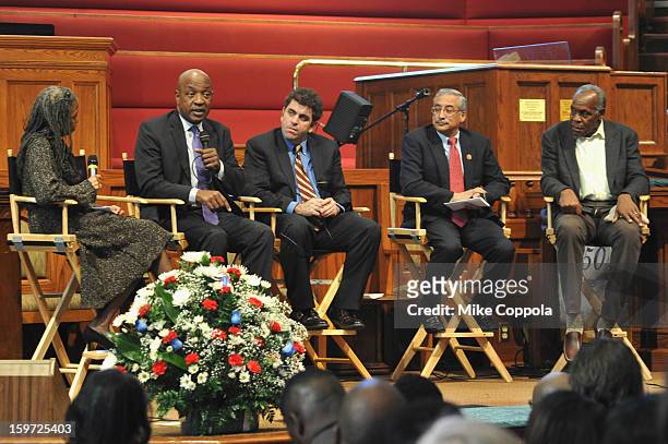 Professor Charles J. Ogletree, Director/writer Eugene Jarecki, Congressman Bobby Scott and Danny Glover speak onstage at "The House I Live In"...
