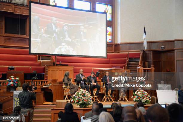 Professor Charles J. Ogletree, Director/writer Eugene Jarecki, Congressman Bobby Scott and Danny Glover speak onstage at "The House I Live In"...