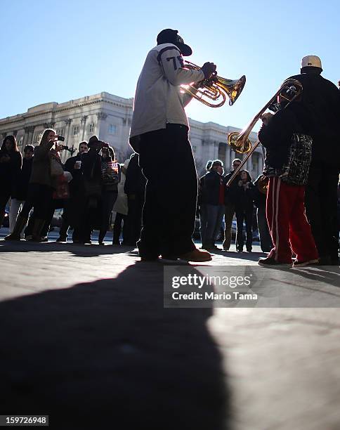 Brass band performs on a street corner as Washington prepares for President Barack Obama's second inauguration on January 19, 2013 in Washington, DC....