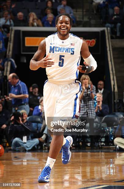 Shaq Goodwin of the Memphis Tigers celebrates a play against the Harvard Crimson on January 19, 2013 at FedExForum in Memphis, Tennessee.