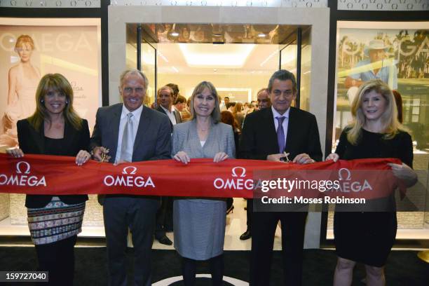 Laura Turner Seydel , Greg Norman , Stephen Uraquhart and Nina Cheney attend the OMEGA boutique opening at Phipps Plaza on January 17, 2013 in...