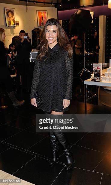 Television personality Kourtney Kardashian arrives for an appearance at the Kardashian Khaos store at The Mirage Hotel & Casino on January 19, 2013...