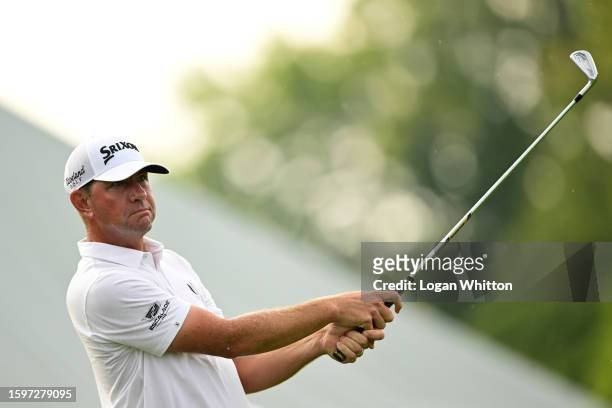 Lucas Glover of the United States plays his shot from the 16th teeduring the final round of the Wyndham Championship at Sedgefield Country Club on...