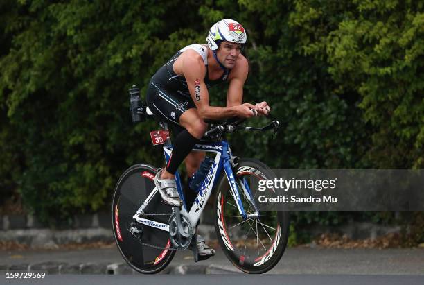 Christian Kemp of Australia cycles during the Ironman 70.3 Auckland triathlon on January 20, 2013 in Auckland, New Zealand.