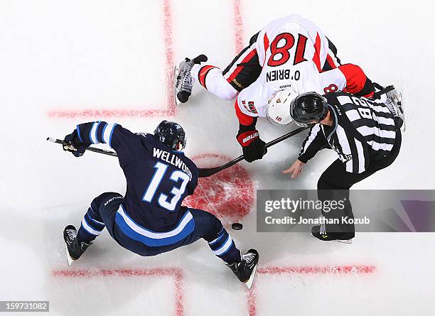 Kyle Wellwood of the Winnipeg Jets wins a second period face-off against Jim O'Brien of the Ottawa Senators at the MTS Centre on January 19, 2013 in...
