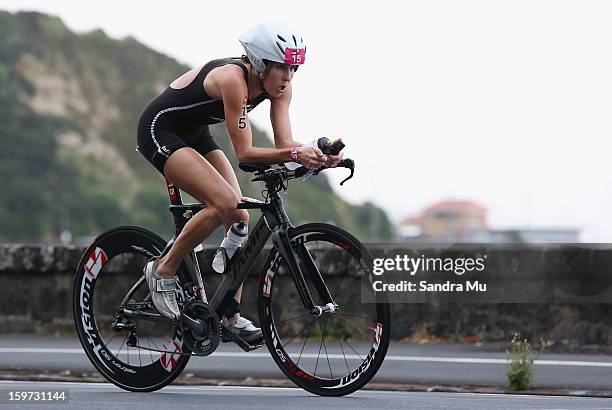 Annabel Luxford of Australia in action on the cycle leg during the Ironman 70.3 Auckland triathlon on January 20, 2013 in Auckland, New Zealand.