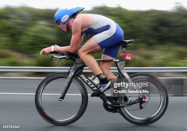 James Hodge of Australia in action on the cycle leg during the Ironman 70.3 Auckland triathlon on January 20, 2013 in Auckland, New Zealand.