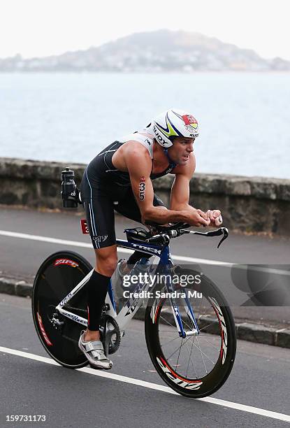 Christian Kemp of Australia in action on the cycle leg during the Ironman 70.3 Auckland triathlon on January 20, 2013 in Auckland, New Zealand.