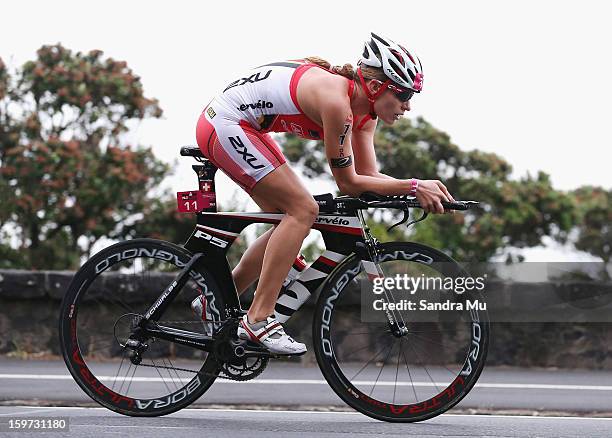 Melissa Hauschildt of Australia in action on the cycle leg during the Ironman 70.3 Auckland triathlon on January 20, 2013 in Auckland, New Zealand.