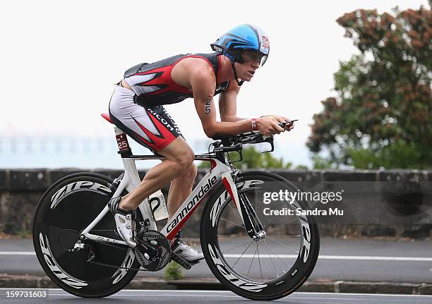 James Bowstead of New Zealand in action on the cycle leg during the Ironman 70.3 Auckland triathlon on January 20, 2013 in Auckland, New Zealand.