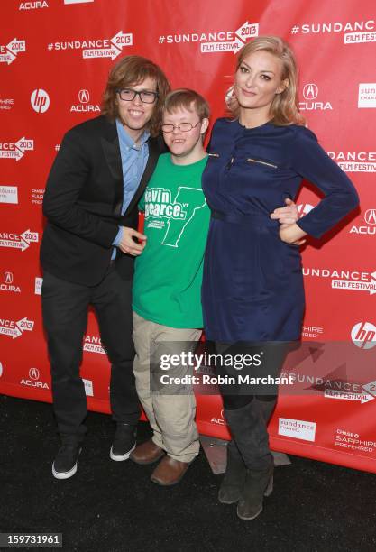 American snowboarder Kevin Pearce, brother David Pearce and director Lucy Walker attend "The Crash Reel" premiere at The Marc Theatre during the 2013...