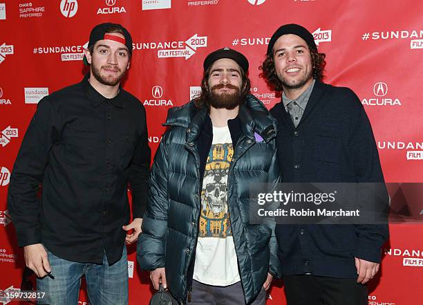 Scotty Lago, Danny Davis and Mason Aguirre attend "The Crash Reel" premiere at The Marc Theatre during the 2013 Sundance Film Festival on January 19,...