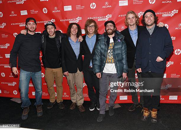 Scotty Lago, Jack Mitrani, Luke Mitrani, Kevin Pearce, Danny Davis, Mikkel Bang and Mason Aguirre attend "The Crash Reel" premiere at The Marc...