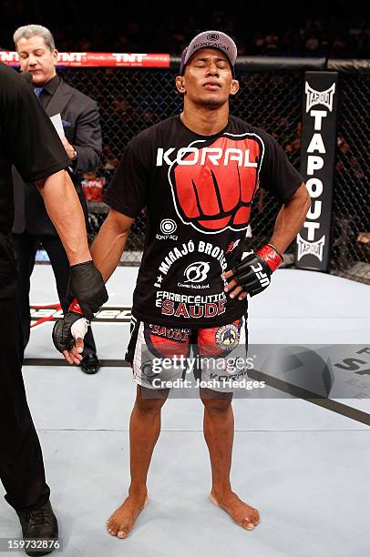 Yuri Alcantara reacts after his bout against Pedro Nobre was declared a no-contest after an illegal strike at the UFC on FX event on January 19, 2013...